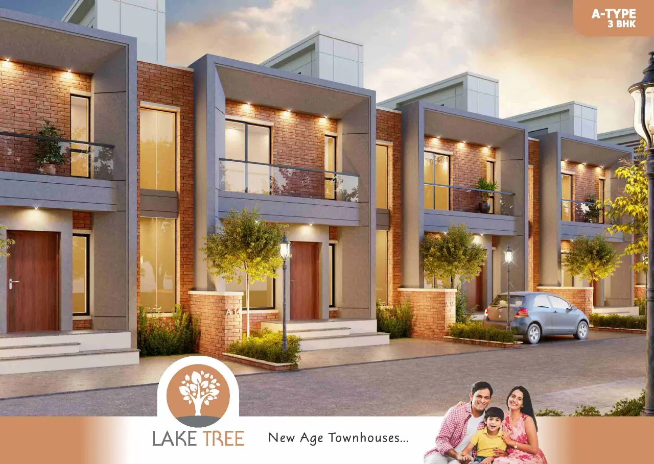 Lake Tree, Ajwa Main Road: a row of 3 BHK A-type townhouses with brick and stone fronts, each with its own front door