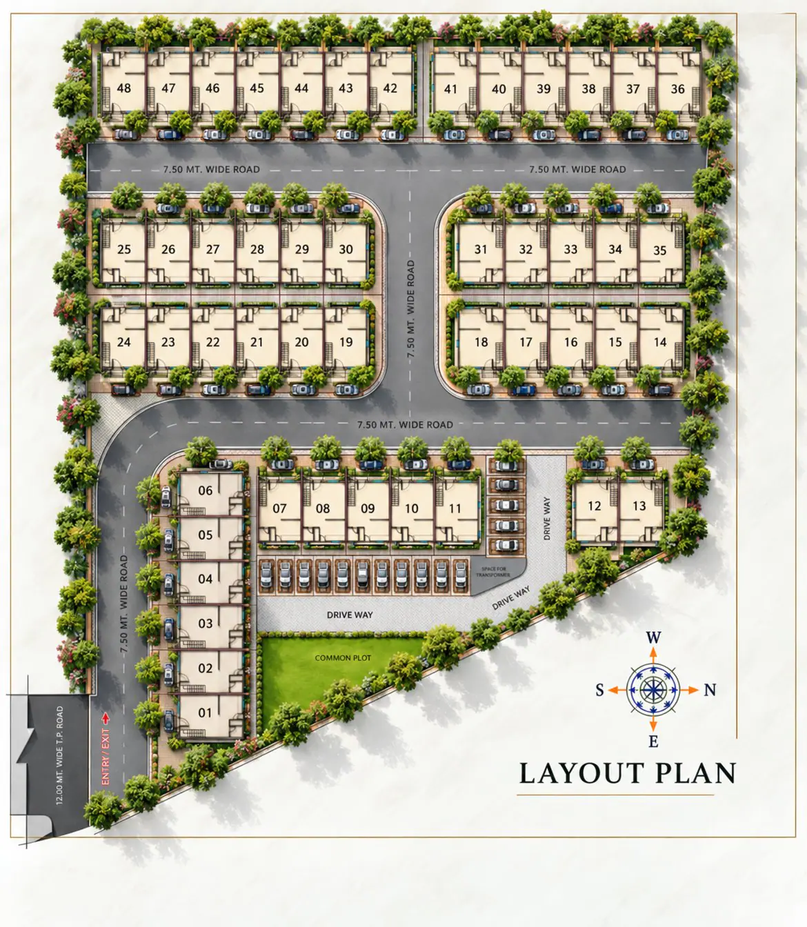 Lake Tree Avenue का लेआउट प्लान: 7.5 m चौड़ी अंदरूनी सड़कों के साथ 48 प्लॉट, हर घर के सामने पार्किंग, मेहमानों के लिए पार्किंग, कॉमन प्लॉट का गार्डन और प्रवेश द्वार