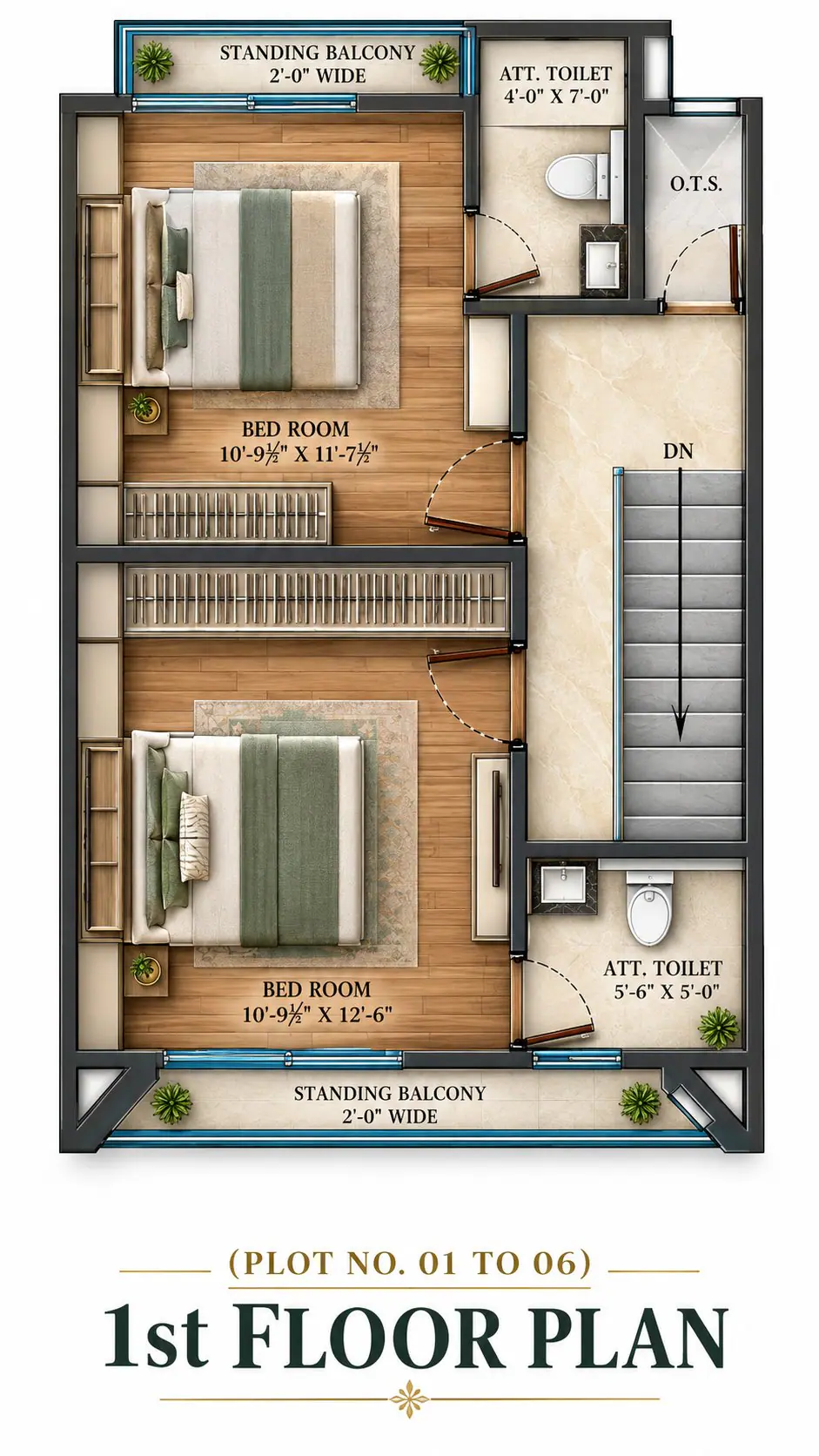 Type A first floor plan for plots 1 to 6, with two bedrooms, two attached bathrooms, two standing balconies and the open-to-sky shaft dimensioned