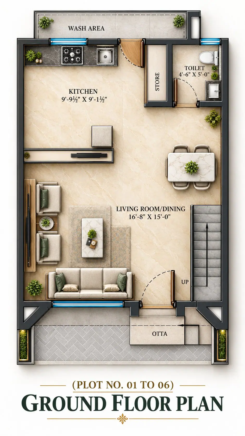 Type A ground floor plan for plots 1 to 6, with living room, kitchen, store, toilet, wash area, otta and staircase dimensioned