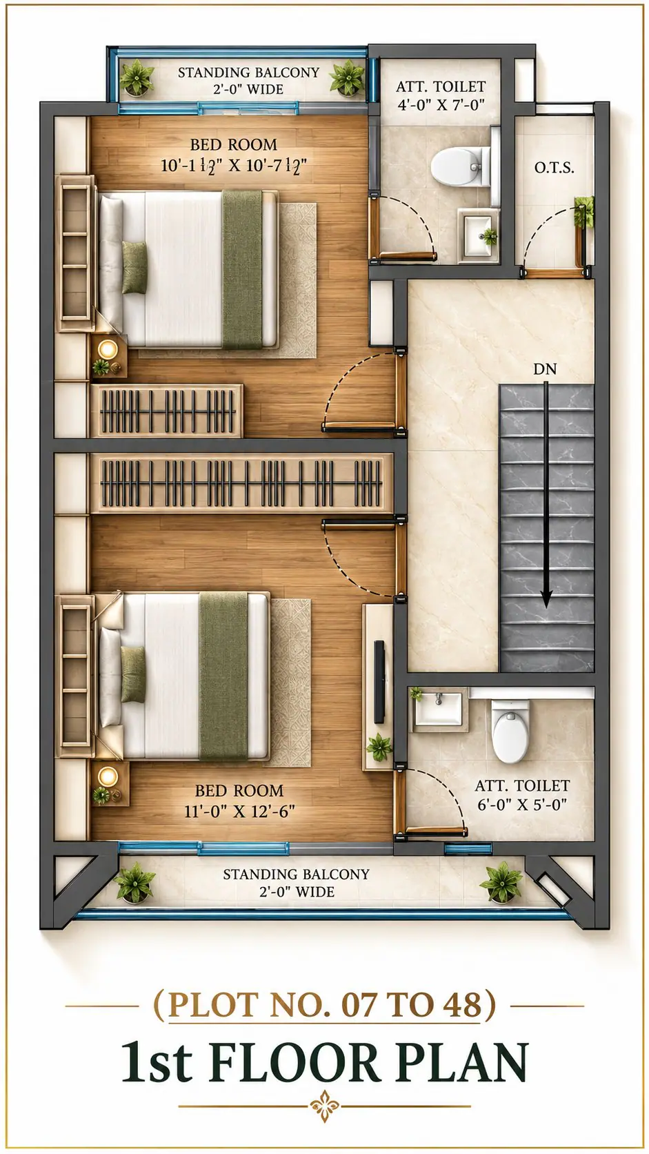 Type B first floor plan for plots 7 to 48, with two bedrooms, two attached bathrooms, two standing balconies and the open-to-sky shaft dimensioned