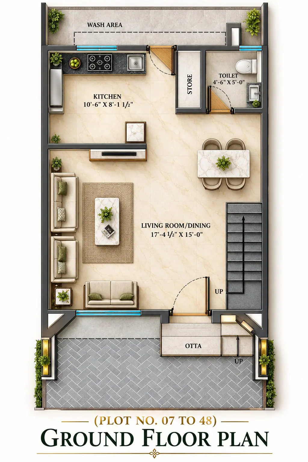 Type B ground floor plan for plots 7 to 48, with living room, kitchen, store, toilet, wash area, otta and staircase dimensioned
